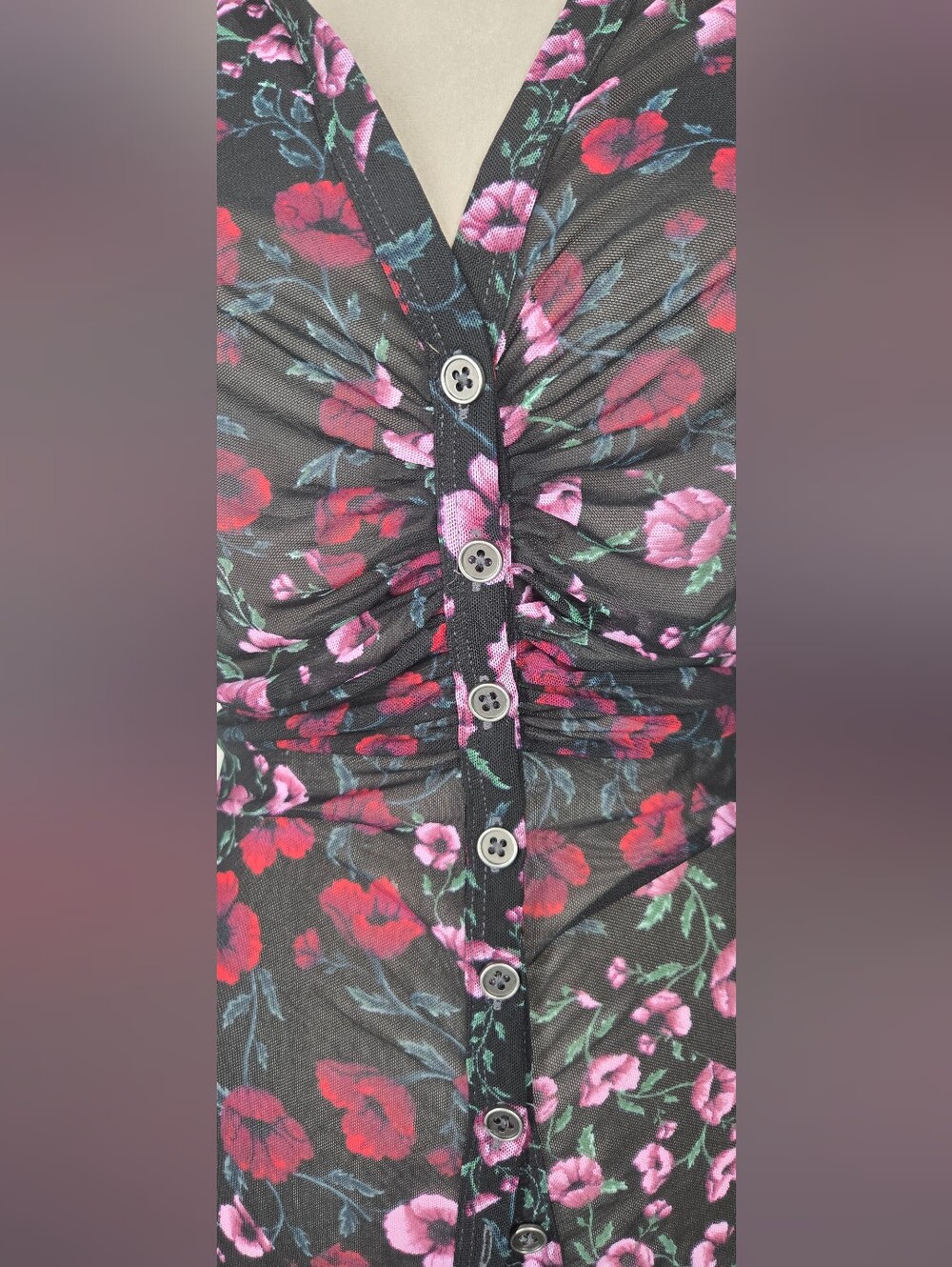 Free People Lucky Shirtee Black Bloom Floral Mesh Ruched Button Front M - Picture 10 of 14